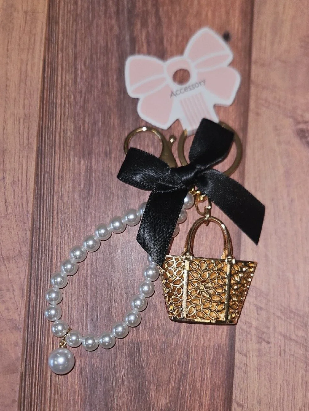 Pearl-Accent Mini Purse Keychain with Black Ribbon New
